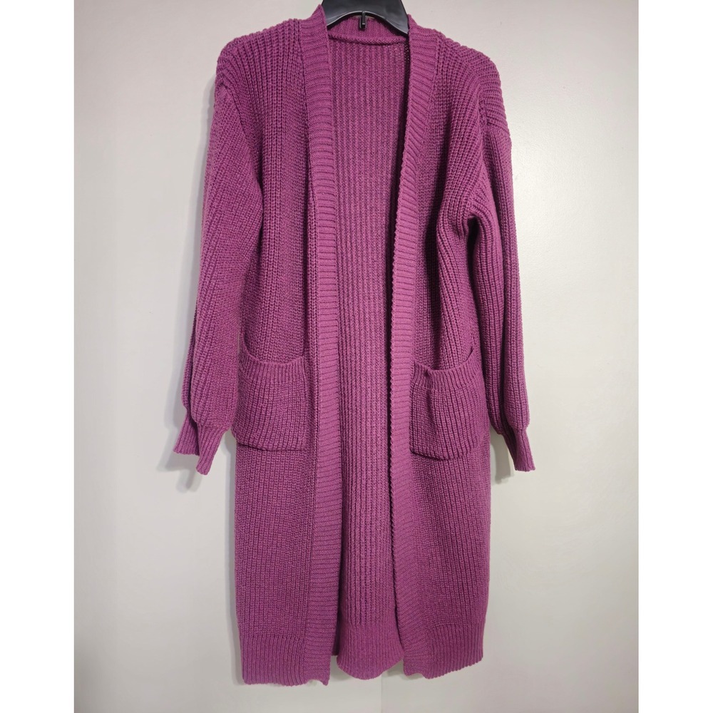 Longline Open Front Chunky Knit Cardigan Purple Pockets Oversized Cozy EUC‎